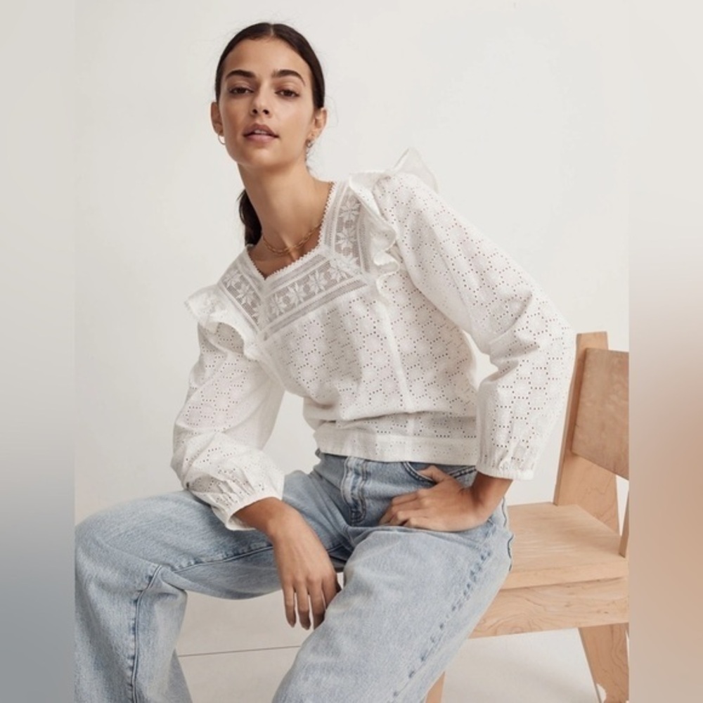 Madewell White Eyelet Ruffle Yoke Blouse